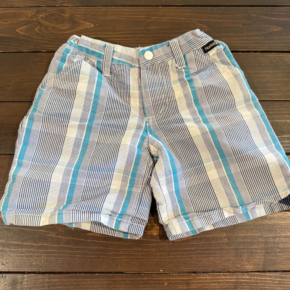 Hurley Boys Blue Teal White Plaid Chino Shorts Size 4T Elastic Back Summer